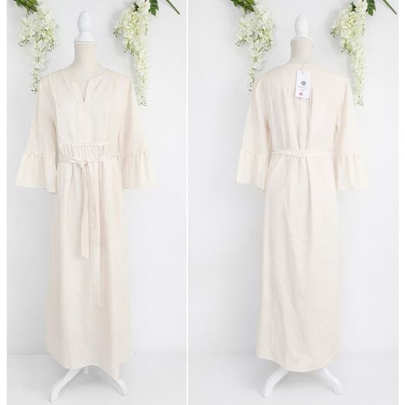 New MEROKEETY Midi Dress Medium Cream Tie Waist Bell Sleeve Cottagecore Milkmaid - Picture 3 of 13